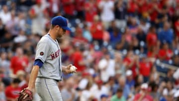 WASHINGTON, DC - JULY 31: Starting pitcher Steven Matz #32 of the New York Mets reacts after allowing a run to Matt Wieters #32 of the Washington Nationals (not pictured) during the first inning at Nationals Park on July 31, 2018 in Washington, DC. (Photo by Patrick Smith/Getty Images)