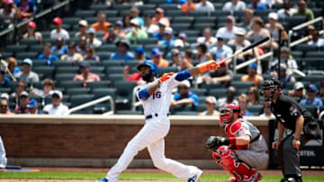 NEW YORK, NY - AUGUST 08: Austin Jackson #16 of the New York Mets hits a double bringing home Michael Conforto #30 of the New York Mets in the second inning at Citi Field on August 8, 2018 in the Flushing neighborhood of the Queens borough of New York City. (Photo by Michael Owens/Getty Images)