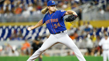 MIAMI, FL - AUGUST 12: Noah Syndergaard #34 of the New York Mets delivers a pitch in the second inning against the Miami Marlins at Marlins Park on August 12, 2018 in Miami, Florida. (Photo by Michael Reaves/Getty Images)