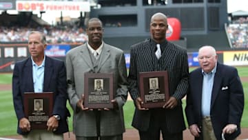 NEW YORK - AUGUST 01: Mets Hall of Fame inductees (L-R) Davey Johnson, Dwight Gooden, Darryl Strawberry and Frank Cashen pose for photographers prior to the game between the Arizona Diamondbacks and the New York Mets at Citi Field on August 1, 2010 in the Flushing neighborhood of the Queens borough of New York City. (Photo by Nick Laham/Getty Images) Darryl Strawberry and Dwight Gooden join former manager Davey Johnson and former general manager Frank Cashen
