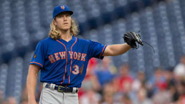 PHILADELPHIA, PA - SEPTEMBER 19: Noah Syndergaard #34 of the New York Mets looks on after allowing a solo home run to Rhys Hoskins #17 of the Philadelphia Phillies (not pictured) in the bottom of the first inning at Citizens Bank Park on September 19, 2018 in Philadelphia, Pennsylvania. The Phillies defeated the Mets 4-0. (Photo by Mitchell Leff/Getty Images)