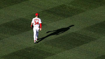 WASHINGTON, DC - SEPTEMBER 26: Bryce Harper #34 of the Washington Nationals takes the field before the start of the third inning against the Miami Marlins at Nationals Park on September 26, 2018 in Washington, DC. (Photo by Rob Carr/Getty Images)