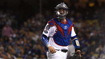 LOS ANGELES, CA - OCTOBER 15: Yasmani Grandal #9 of the Los Angeles Dodgers looks on against the Milwaukee Brewers in Game Three of the National League Championship Series at Dodger Stadium on October 15, 2018 in Los Angeles, California. (Photo by Harry How/Getty Images)
