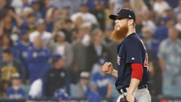 LOS ANGELES, CA - OCTOBER 27: Closing pitcher Craig Kimbrel #46 of the Boston Red Sox pumps his fist after the last out of the ninth inning to defeat the Los Angeles Dodgers 9-6 in Game Four of the 2018 World Series at Dodger Stadium on October 27, 2018 in Los Angeles, California. (Photo by Sean M. Haffey/Getty Images)