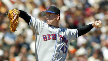 New York Mets' pitcher Tom Glavine winds up for a pitch against the San Francisco Giants' during the sixth inning at Pacific Bell Park in San Francisco, California 18 May 2003. AFP PHOTO/John G. MABANGLO (Photo by JOHN G. MABANGLO / AFP) (Photo by JOHN G. MABANGLO/AFP via Getty Images)
