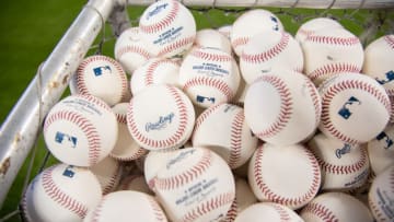 MIAMI, FL - MARCH 28: A detailed view of the MLB batting practice baseballs prior to the Opening Day game between the Miami Marlins and the Colorado Rockies at Marlins Park on March 28, 2019 in Miami, Florida. (Photo by Mark Brown/Getty Images)
