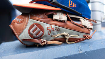 WEST PALM BEACH, FL - MARCH 07: A detailed view of the Wilson glove of J.D. Davis #28 of the New York Mets before the spring training game against the Washington Nationals at The Ballpark of the Palm Beaches on March 7, 2019 in West Palm Beach, Florida. (Photo by Mark Brown/Getty Images)