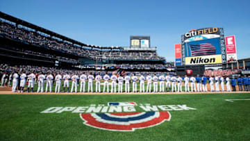 NEW YORK, NEW YORK - APRIL 04: The New York Mets stand for the National Anthem against the Washington Nationals at the Mets Home Opening game at Citi Field on April 04, 2019 in New York City. (Photo by Al Bello/Getty Images)