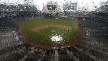 NEW YORK, NEW YORK - MAY 12: Rain drops are seen on a window at Citi Field after a game between the New York Mets and the Miami Marlins was postponed on May 12, 2019 in the Queens borough of New York City. (Photo by Jim McIsaac/Getty Images)