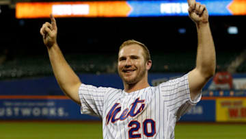 NEW YORK, NEW YORK - SEPTEMBER 28: Pete Alonso #20 of the New York Mets celebrates on the field after a game against the Atlanta Braves at Citi Field on September 28, 2019 in New York City. Alonso broke the rookie home run record with his 53rd of the season during the game. (Photo by Jim McIsaac/Getty Images)