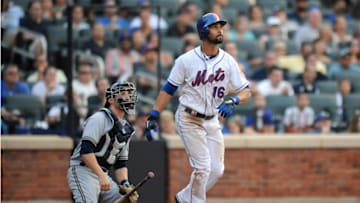 NEW YORK, NY - AUGUST 20: Angel Pagan #16 of the New York Mets hits a two run home run during the eighth inning during a game against the Milwaukee Brewers at Citi Field on August 20, 2011 in the Flushing neighborhood of the Queens borough of New York City. (Photo by Patrick McDermott/Getty Images)