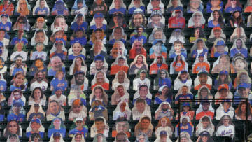 NEW YORK, NEW YORK - JULY 25: Cutouts of fans are seen during a game between the New York Mets and the Atlanta Braves at Citi Field on July 25, 2020 in New York City. The 2020 season had been postponed since March due to the COVID-19 pandemic. The Braves defeated the Mets 5-3 in ten innings. (Photo by Jim McIsaac/Getty Images)