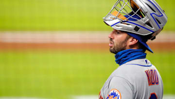 ATLANTA, GA - AUGUST 03: Tomás Nido #3 of the New York Mets looks on in the ninth inning of an MLB game against the Atlanta Braves at Truist Park on August 3, 2020 in Atlanta, Georgia. (Photo by Todd Kirkland/Getty Images)