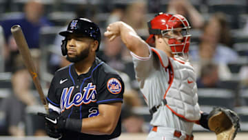 NEW YORK, NEW YORK - SEPTEMBER 17: Dominic Smith #2 of the New York Mets reacts after striking out during the seventh inning against the Philadelphia Phillies at Citi Field on September 17, 2021 in the Queens borough of New York City. (Photo by Sarah Stier/Getty Images)