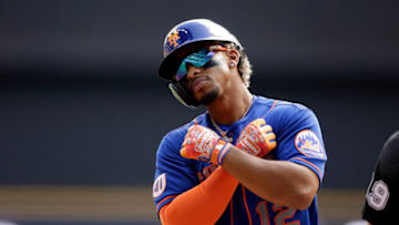 MILWAUKEE, WISCONSIN - SEPTEMBER 26: Francisco Lindor #12 of the New York Mets celebrates after hitting a solo home run in the first inning against the Milwaukee Brewers at American Family Field on September 26, 2021 in Milwaukee, Wisconsin. (Photo by John Fisher/Getty Images)