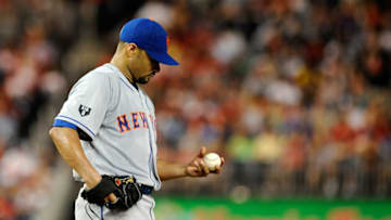WASHINGTON, DC - AUGUST 17: Johan Santana #57 of the New York Mets prepares to throw a pitch against the Washington Nationals at Nationals Park on August 17, 2012 in Washington, DC. (Photo by Patrick McDermott/Getty Images)