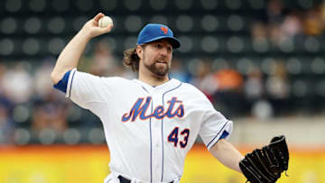 NEW YORK, NY - SEPTEMBER 22: R.A. Dickey #43 of the New York Mets pitches against the Miami Marlins at Citi Field on September 22, 2012 in the Flushing neighborhood of the Queens borough of New York City. (Photo by Alex Trautwig/Getty Images)