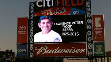NEW YORK, NY - SEPTEMBER 23: A moment of silence is held in honor of the late Yogi Berra before the game between the New York Mets and the Atlanta Braves on September 23, 2015 at Citi Field in the Flushing neighborhood of the Queens borough of New York City. (Photo by Elsa/Getty Images)