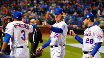 NEW YORK, NY - OCTOBER 30: (NEW YORK DAILIES OUT) Noah Syndergaard #34 of the New York Mets in action against the Kansas City Royals during game three of the 2015 World Series at Citi Field on October 30, 2015 in the Flushing neighborhood of the Queens borough of New York City. The Mets defeated the Royals 9-3. (Photo by Jim McIsaac/Getty Images)