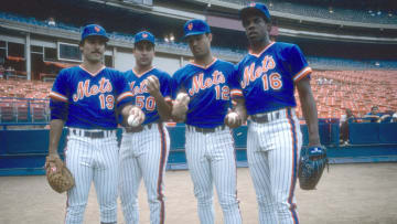 NEW YORK - CIRCA 1986: (L-R) Bob Ojeda #19, Sid Fernandez #50, Ron Darling #12 and Dwight Gooden #16 of the New York Mets stands together for this portrait holding baseballs prior to the start of a Major League Baseball game circa 1986 at Shea Stadium in the Queens borough of New York City. Darling played for the Mets from 1983-91. (Photo by Focus on Sport/Getty Images)