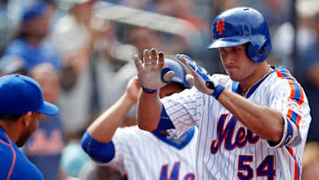 NEW YORK, NY - SEPTEMBER 18: T.J. Rivera #54 of the New York Mets celebrates a solo home run during the third inning against the Minnesota Twins at Citi Field on September 18, 2016 in the Flushing neighborhood of the Queens borough of New York City. (Photo by Adam Hunger/Getty Images)
