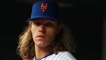 NEW YORK, NY - APRIL 15: Noah Syndergaard #34 of the New York Mets lloks on against the Milwaukee Brewers during their game at Citi Field on April 15, 2018 in New York City. All players are wearing #42 in honor of Jackie Robinson Day. (Photo by Al Bello/Getty Images)