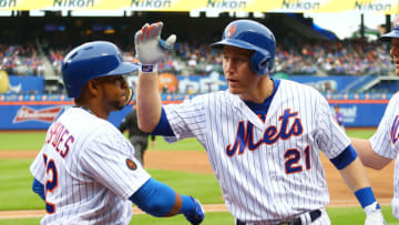 NEW YORK, NY - MAY 06: Yoenis Cespedes #52 of the New York Mets celebrates after scoring on Todd Frazier #21 of the New York Mets sacrifice fly in the first inning aganst the Colorado Rockies at Citi Field on May 6, 2018 in the Flushing neighborhood of the Queens borough of New York City. (Photo by Mike Stobe/Getty Images)