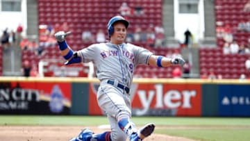 CINCINNATI, OH - MAY 09: Brandon Nimmo #9 of the New York Mets slides into third base for a tripple in the third inning against the Cincinnati Reds at Great American Ball Park on May 9, 2018 in Cincinnati, Ohio. (Photo by Andy Lyons/Getty Images)