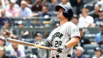 NEW YORK, NY - MAY 28: J.D. Davis #28 of the Houston Astros watches his three run home run in the second inning against the New York Yankees at Yankee Stadium on May 28, 2018 in the Bronx borough of New York City. MLB players across the league are wearing special uniforms to commemorate Memorial Day (Photo by Elsa/Getty Images)