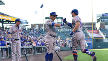DENVER, CO - JUNE 18: Brandon Nimmo #9 of the New York Mets celebrates with Asdrubal Cabrera #13 and Todd Frazier #21 after scoring on a first inning inside-the-park homerun against the Colorado Rockies at Coors Field on June 18, 2018 in Denver, Colorado. (Photo by Dustin Bradford/Getty Images)