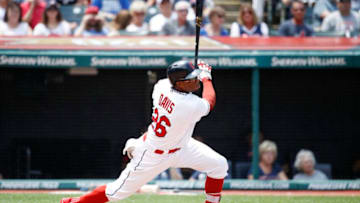 CLEVELAND, OH - JUNE 24: Rajai Davis #26 of the Cleveland Indians singles to drive in a run in the second inning against the Detroit Tigers at Progressive Field on June 24, 2018 in Cleveland, Ohio. The Indians won 12-2. (Photo by Joe Robbins/Getty Images)