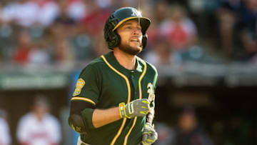 CLEVELAND, OH - JULY 7: Jed Lowrie #8 of the Oakland Athletics rounds the bases on a two run home run during the eighth inning against the Cleveland Indians at Progressive Field on July 7, 2018 in Cleveland, Ohio. (Photo by Jason Miller/Getty Images)