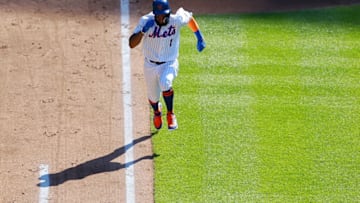 NEW YORK, NY - JULY 09: Amed Rosario #1 of the New York Mets grounds out to short in the third inning against the Philadelphia Phillies during Game One of a doubleheader at Citi Field on July 9, 2018 in the Flushing neighborhood of the Queens borough of New York City. (Photo by Mike Stobe/Getty Images)