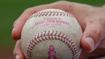 SEATTLE, WA - MAY 12: A detail view of the special baseballs being used to help raise awareness of breast cancer during the game between the Seattle Mariners against the Oakland Athletics at Safeco Field on May 12, 2013 in Seattle, Washington. (Photo by Otto Greule Jr/Getty Images)