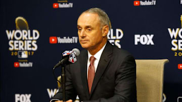 HOUSTON, TX - OCTOBER 28: Major League Baseball Commissioner Robert D. Manfred Jr. speaks to the media during a press conference prior to game four of the 2017 World Series between the Houston Astros and the Los Angeles Dodgers at Minute Maid Park on October 28, 2017 in Houston, Texas. (Photo by Bob Levey/Getty Images)