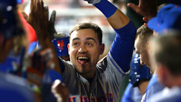 PHILADELPHIA, PA - MAY 11: Michael Conforto #30 of the New York Mets is congratulated by teammates after he hit a a two-run home run against the Philadelphia Phillies during the ninth inning of a game at Citizens Bank Park on May 11, 2018 in Philadelphia, Pennsylvania. The Mets defeated the Phillies 3-1. (Photo by Rich Schultz/Getty Images)