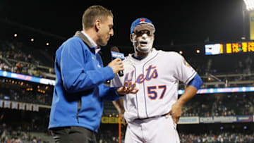 NEW YORK, NY - JUNE 01: Johan Santana #57 of the New York Mets is interviewed after pitching a no-hitter against the St. Louis Cardinals at Citi Field on June 1, 2012 in the Flushing neighborhood of the Queens borough of New York City. It was the first no-hitter in Mets history. The Mets defeated the Cardinals 8-0. (Photo by Mike Stobe/Getty Images)