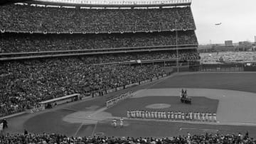 FLUSHING, NY - OCTOBER 14, 1969: General view of the stadium as the teams line up along the first and third base paths prior to Game 3 of the World Series on October 14, 1969 between the Baltimore Orioles and the New York Mets at Shea Stadium in New York, New York. (Photo by: Kidwiler Collection/Diamond Images/Getty Images)