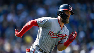 DENVER, CO - SEPTEMBER 30: Bryce Harper #34 of the Washington Nationals runs out a fourth inning double against the Colorado Rockies at Coors Field on September 30, 2018 in Denver, Colorado. (Photo by Dustin Bradford/Getty Images)