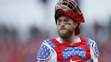 CINCINNATI, OH - JULY 02: Tucker Barnhart #16 of the Cincinnati Reds looks on while wearing special Fourth of July chest protector and uniform in the first inning against the Chicago White Sox at Great American Ball Park on July 2, 2018 in Cincinnati, Ohio. (Photo by Joe Robbins/Getty Images)