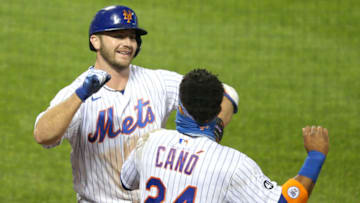 Sep 22, 2020; New York City, New York, USA; New York Mets first baseman Pete Alonso (20) celebrates his solo home run against the Tampa Bay Rays with second baseman Robinson Cano (24) during the fourth inning at Citi Field. Mandatory Credit: Brad Penner-USA TODAY Sports