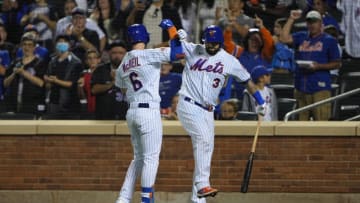 Sep 19, 2021; New York City, New York, USA; New York Mets catcher Tomas Nido (3) hi fives New York Mets left fielder Jeff McNeil (6) for hitting a home run during the seventh inning against the Philadelphia Phillies at Citi Field. Mandatory Credit: Gregory Fisher-USA TODAY Sports