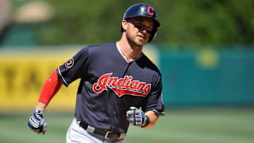 August 5, 2015; Anaheim, CA, USA; Cleveland Indians designated hitter Ryan Raburn (9) rounds the bases after hitting a solo home run in the seventh inning against the Los Angeles Angels at Angel Stadium of Anaheim. Mandatory Credit: Gary A. Vasquez-USA TODAY Sports