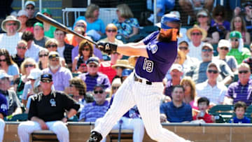 Mar 20, 2016; Salt River Pima-Maricopa, AZ, USA; Colorado Rockies center fielder Charlie Blackmon (19) bats in the first inning against the San Francisco Giants at Salt River Fields at Talking Stick. Mandatory Credit: Matt Kartozian-USA TODAY Sports