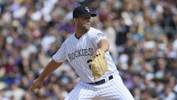 Apr 8, 2016; Denver, CO, USA; Colorado Rockies starting pitcher Jordan Lyles (24) throws in the second inning against the Colorado Rockies at Coors Field. Mandatory Credit: Ron Chenoy-USA TODAY Sports