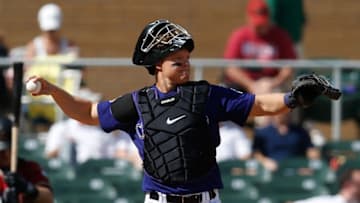 Mar 2, 2016; Salt River Pima-Maricopa, AZ, USA; Colorado Rockies catcher Nick Hundley (4) in the first inning during a spring training game against the Arizona Diamondbacks at Salt River Fields at Talking Stick. Mandatory Credit: Rick Scuteri-USA TODAY Sports