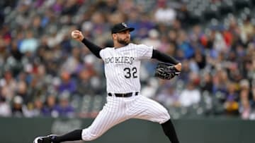 May 15, 2016; Denver, CO, USA; Colorado Rockies starting pitcher Tyler Chatwood (32) delivers a pitch in the second inning against the against the New York Mets at Coors Field. Mandatory Credit: Ron Chenoy-USA TODAY Sports
