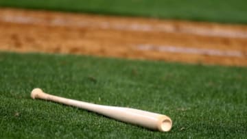 Apr 6, 2015; Phoenix, AZ, USA; Detailed view of a baseball bat laying on the field during the Arizona Diamondbacks game against the San Francisco Giants during opening day at Chase Field. Mandatory Credit: Mark J. Rebilas-USA TODAY Sports