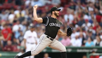 May 25, 2016; Boston, MA, USA; Colorado Rockies starting pitcher Chad Bettis (35) pitches against the Boston Red Sox during the first inning at Fenway Park. Mandatory Credit: Mark L. Baer-USA TODAY Sports