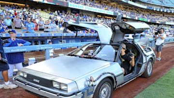 August 15, 2015; Los Angeles, CA, USA; The time vehicle from the film Back to the Future is rolled out onto the field before the Los Angeles Dodgers play against the Cincinnati Reds at Dodger Stadium. Mandatory Credit: Gary A. Vasquez-USA TODAY Sports